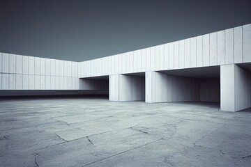 3d render of futuristic concrete architecture with car park, empty cement floor.