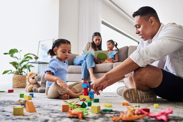 Family, learning and building toy by girl and father bond living room floor, playing, relax and...