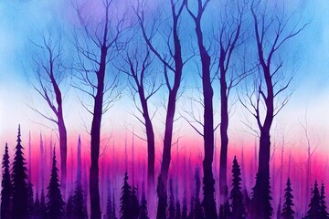 Watercolour painting. Dark Forest. Tree silhouettes and cloudy sky in purple, blue and pink colours.