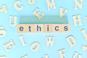Business and moral ethics concept in business, company and organization. Word typography on wooden...