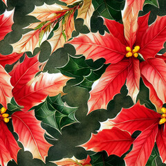 Festive Christmas flowers and plants. Seamless repeating pattern. Digital watercolor