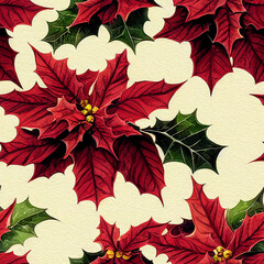 Festive Christmas flowers and plants. Seamless repeating pattern. Digital watercolor