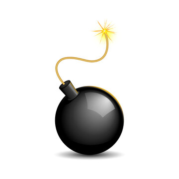 Black round bomb with burning fuse isolated on white background. Vector illustration