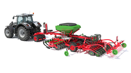 Tractor with Seed Drill farm equipment 3D rendering on white background