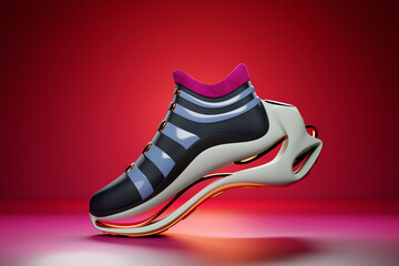 Colorful sneakers  on the sole. The concept of bright fashionable sneakers, 3D rendering.