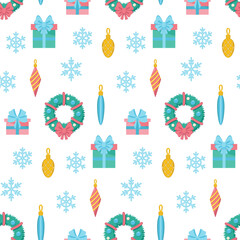 Seamless Christmas pattern with wreaths and gifts