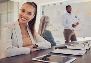 Business meeting, portrait and woman in marketing agency, company presentation and management planning in modern office. Happy young employee with motivation working together in startup collaboration