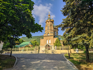Pyatigorsk, Russia - August 16, 2022: View of the Lazarevskaya Church in the park near the Pyatigorsk necropolis
