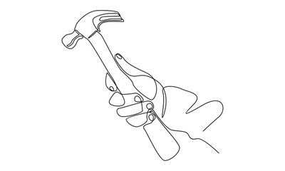 Continuous line of man hand holding hammer