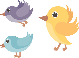 Birds. A set of birds of blue, yellow and purple colors. Cute birds in cartoon style. Vector illustration on a white background