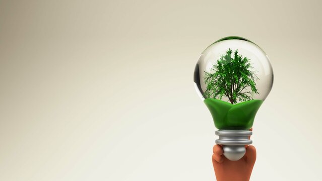 3D Human Hand Holding Eco Friendly Bulb And Copy Space On Beige Background.
