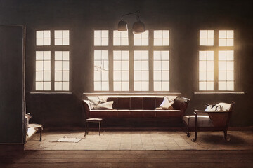 Old vintage interior with leather sofa, wood table and ceiling light.
