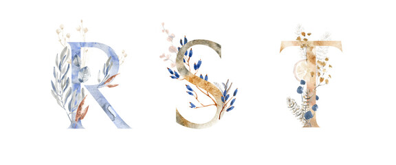 Watercolor Hand Drawn winter holiday letters monograms or logo. Uppercase R, S, T with Christmas herbal decorations. Fir-tree, citrus, mistletoe and other traditional symbols. Hand painted