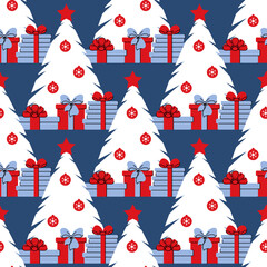 Seamless pattern with decorated Christmas tree. Balls and gifts. Festive flat style design for packaging and print. Vector.