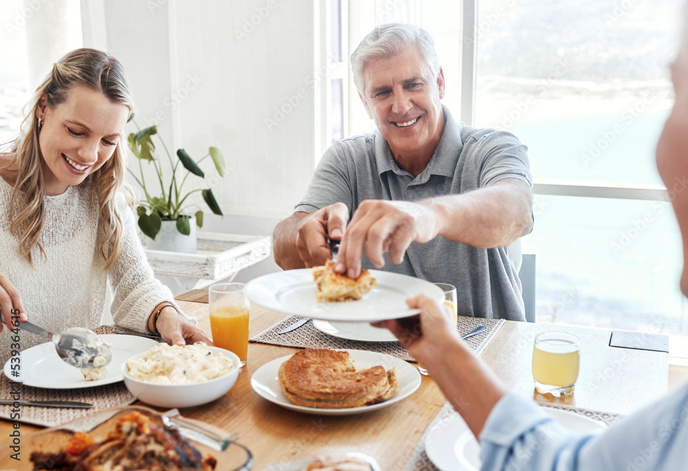 Poster Family, food and lunch with a senior man sharing a meal with his daughter in the dining room of their home during a visit. Retirement, love and eating with an elderly male pensioner and relatives