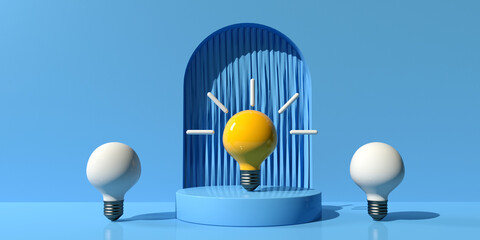 Light bulb on a podium in front of theater curtain - 3D