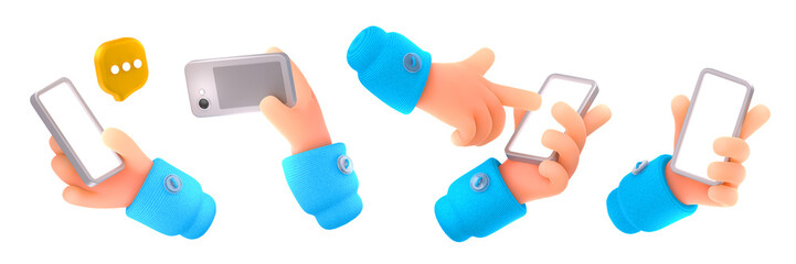 3D illustration set of hand using smartphone isolated on white background. Person chatting in messenger, taking selfie photo, finger scrolling touch screen, using mobile app on gadget. Phone mockup