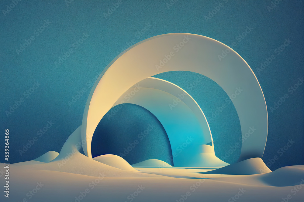 Poster abstract winter scene with geometrical forms, arch with a podium in natural light. minimal backgroun