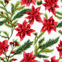 Festive Christmas flowers and plants. Seamless repeating pattern. Digital watercolor