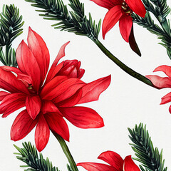 Fototapeta premium Festive Christmas flowers and plants. Seamless repeating pattern. Digital watercolor