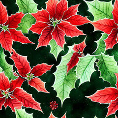 Festive Christmas flowers and plants. Seamless repeating pattern. Digital watercolor