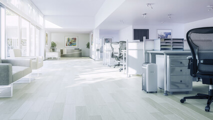 Offene Bürofläche mit Computer-Arbeitsplätzen und intergriertem Empfangsbereich - 3D Visualisierung