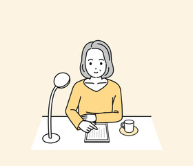 タブレットで電子書籍を読む中年の女性のイラスト