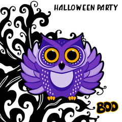 Cute owl on an old gnarled tree. Cartoon vector illustration. Humorous congratulatory Halloween concept.
