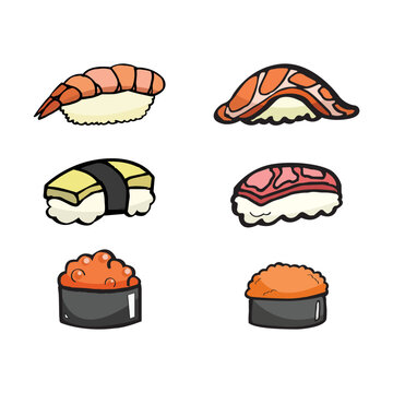 set of japanese food, sushi, shrimp, omelette, fish, fish egg cartoon object, vector doodle art
