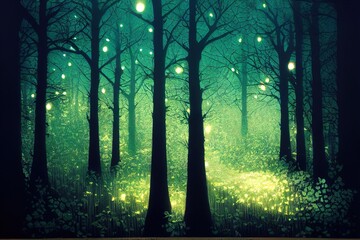 light in a dark forest at night