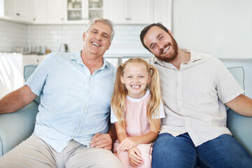 Obraz premium Portrait in home, girl with dad and grandfather on living room sofa in Australia. Happy family with senior grandparent, smile together in lounge and elderly generation man relax on couch with child