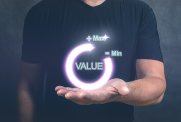 Man holding virtual download icon progress for increasing value added to business product and service concept. Growth value, increase value, value added. business growth concept.