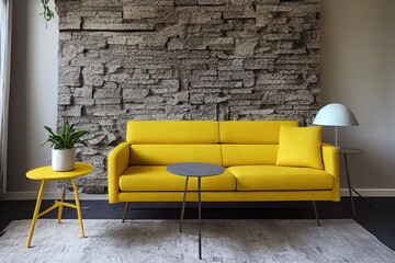 Decorative grey stone wall living room, home interior concept with yellow sofa chair and bookshelf, big green vase of plant carpet.