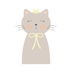 Cute flat cat with small yellow crown and bow