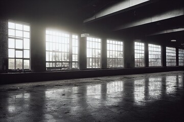 Fototapeta premium Sun peeking into large dark empty grunge parking structure industrial interior.