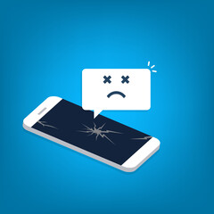 Broken smartphone with sad smile. Broken phone service, recovery and repair concept.	