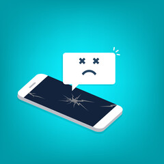Broken smartphone with sad smile. Broken phone service, recovery and repair concept.	
