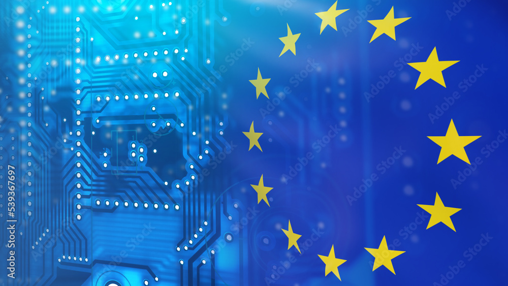 Poster microelectronics for european union. european alliance flag in micro board style. concept of purchas