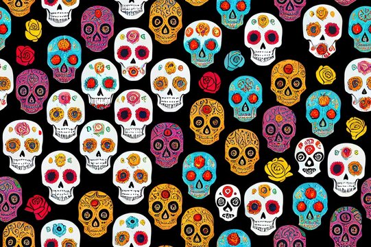 Day of the dead sugar skull pattern. Dia de los muertos print. Day of the dead and mexican Halloween. Mexican tradition festival texture. Dia de los Muertos tattoo skulls on black background.. High