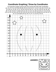 Coordinate graphing, or draw by coordinates, math worksheet with Halloween pumpkin: To reveal the mystery picture plot and connect the dots with given coordinates. Answer included.
