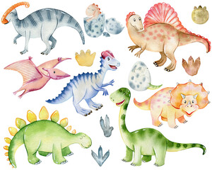 Set of watercolor cute dinosaurs.