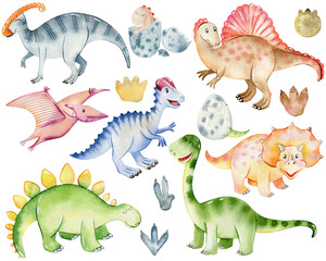 Set of watercolor cute dinosaurs. © Tapilipa