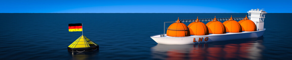 gas crisis in Germany - LNG tanker drives to a life raft with a German flag LNG tanker  - 3d illustration