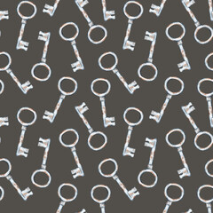 Rusty iron key seamless pattern. Watercolor illustration. Isolated on a gray-brown background.