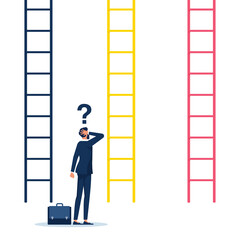Businessman standing in front of ladders and confused making decision in business illustration. Choices, career growth, confused mind concept. ladder to get success symbol