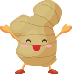 両手を挙げて喜ぶかわいいショウガのキャラクターのイラスト