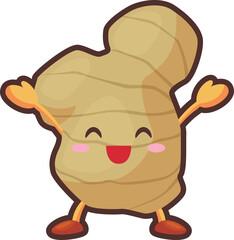 両手を挙げて喜ぶかわいいショウガのキャラクターのイラスト