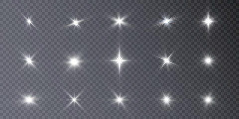 Set of isolated highlights in white color. Glowing realistic glare for design work. Twinkling stars.