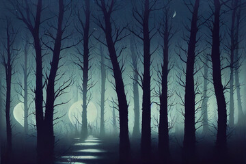 Obraz premium Dark Creepy Forest At Night With Moon Shining