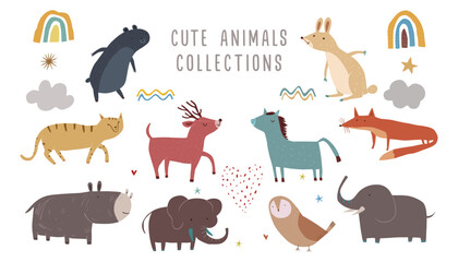 Vector illustration of cute mammals, Cute animals character collection